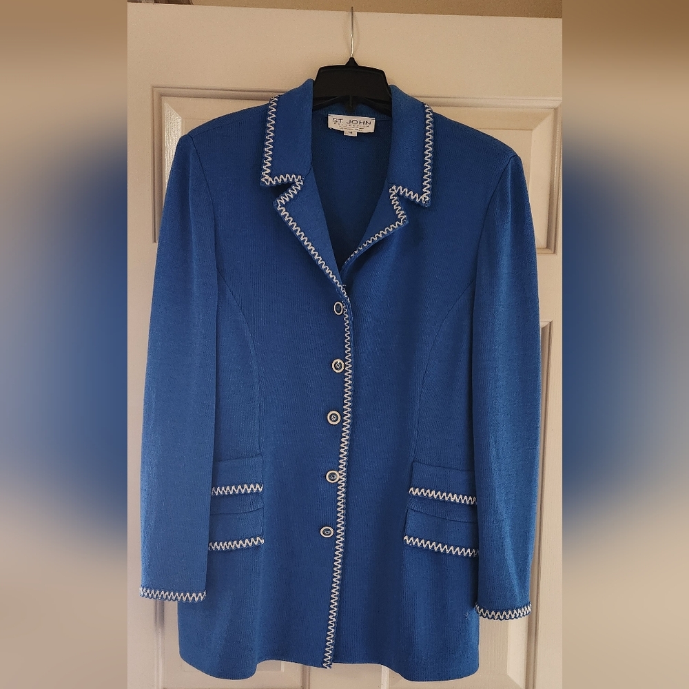 St. John Collection Royal Blue Knit Blazer with White Trim